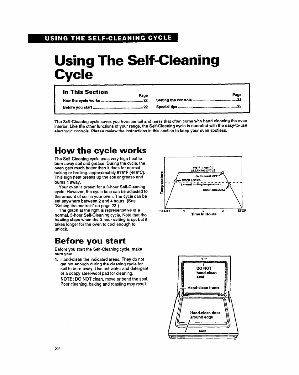 Using the self-cleaning cycle, In this section, How the cycle works | Before you start | Whirlpool FES340Y User Manual | Page 22 / 32