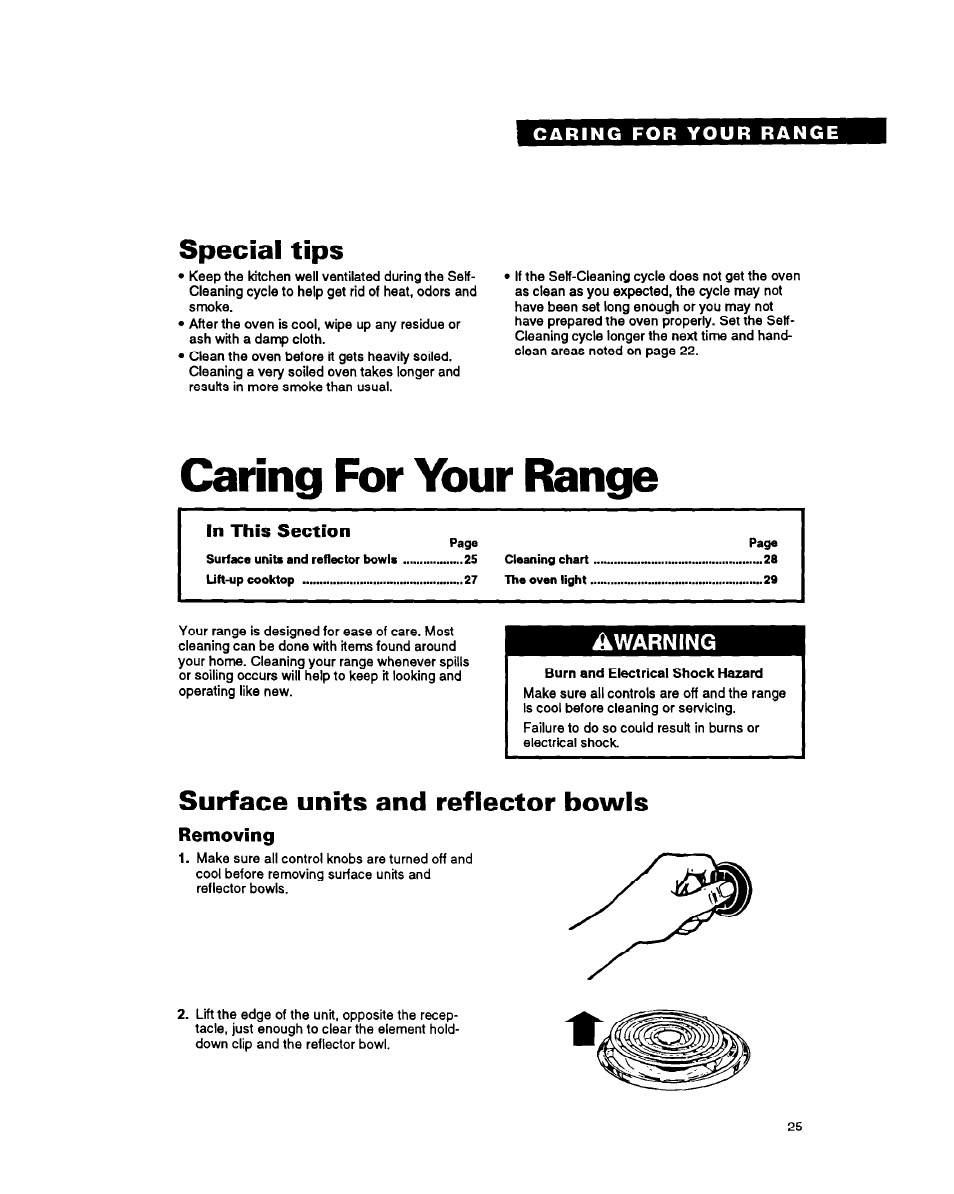 Special tips, Caring for your range, Surface units and reflector bowls | Removing | Whirlpool FES340Y User Manual | Page 25 / 32