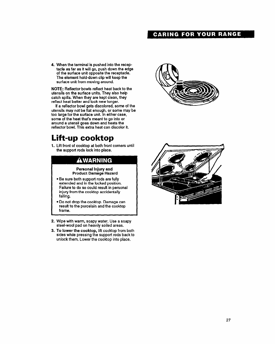 Lift-up cooktop, Warning | Whirlpool FES340Y User Manual | Page 27 / 32
