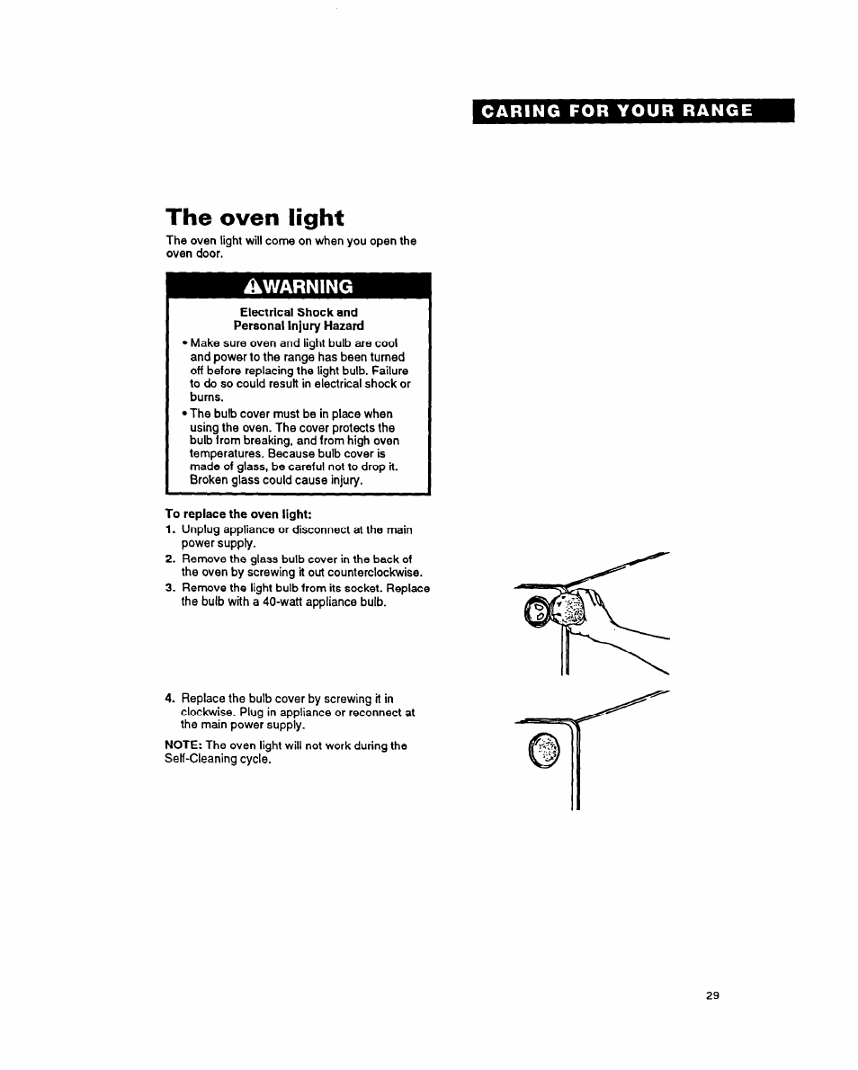The oven light, Awarning | Whirlpool FES340Y User Manual | Page 29 / 32