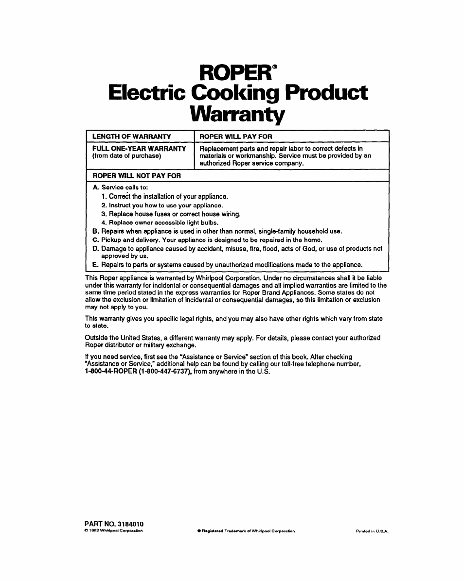 Roper, Electric cooking product, Warranty | Roper' electric cooking product warranty | Whirlpool FES340Y User Manual | Page 32 / 32