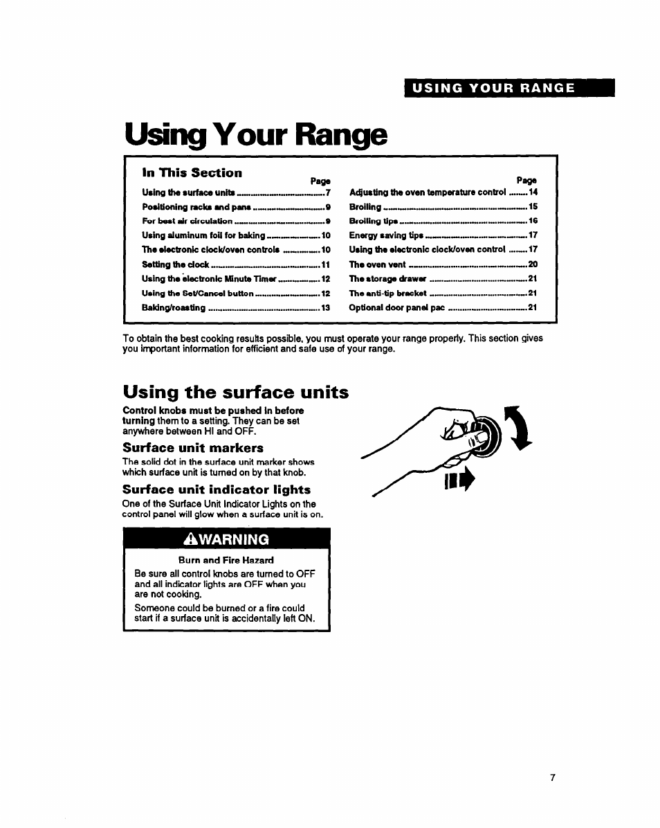 Using your range, Using the surface units, Surface unit markers | Surface unit indicator lights, Warning | Whirlpool FES340Y User Manual | Page 7 / 32