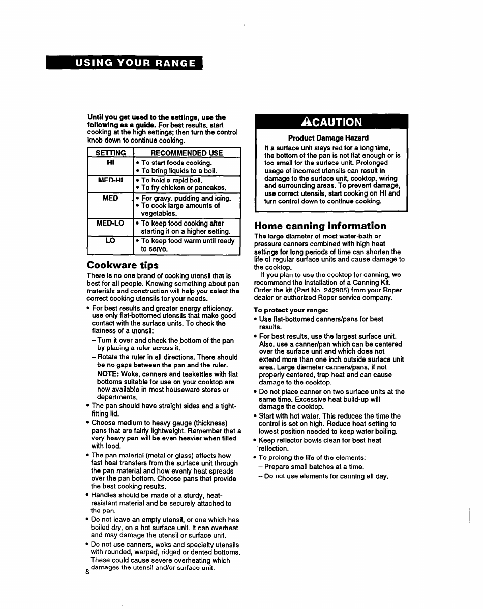 Cookware tips, Home canning information, Caution | Whirlpool FES340Y User Manual | Page 8 / 32