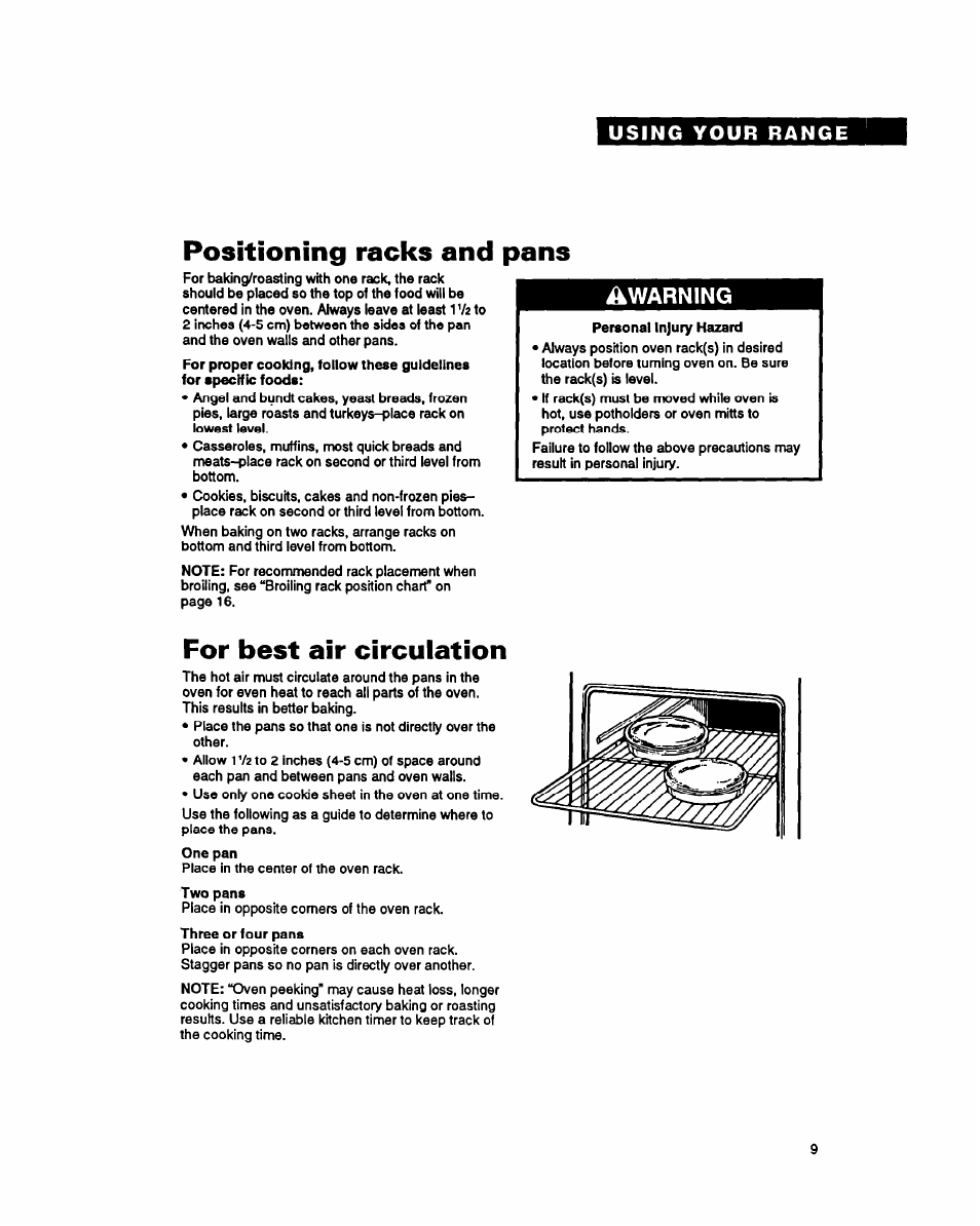 Positioning racks and pans, For best air circulation, Warning | Whirlpool FES340Y User Manual | Page 9 / 32