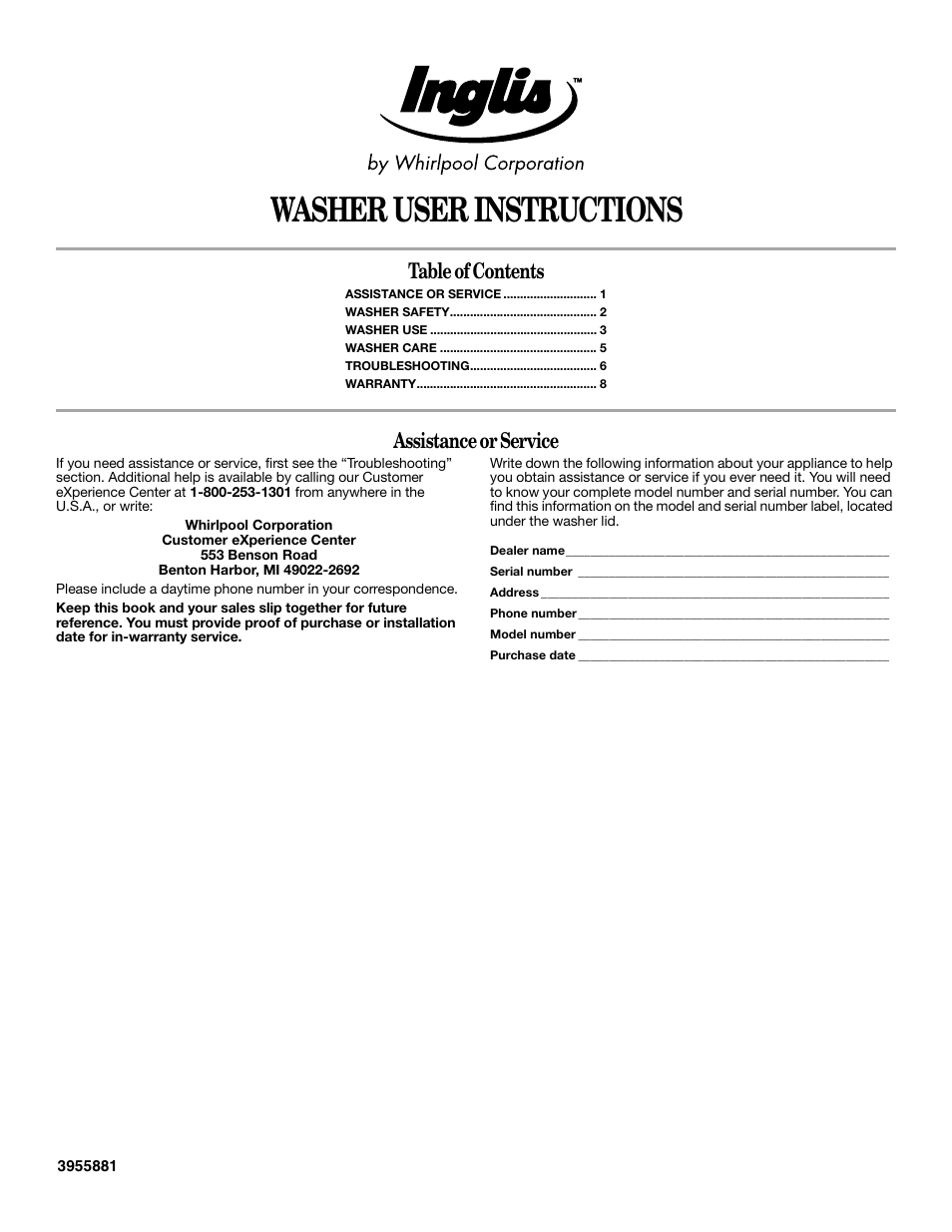 Whirlpool Inglis IAS5000RQ0 User Manual | 8 pages