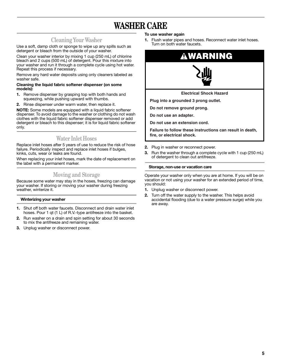 Washer care, Warning, Cleaning your washer | Water inlet hoses, Moving and storage | Whirlpool Inglis IAS5000RQ0 User Manual | Page 5 / 8