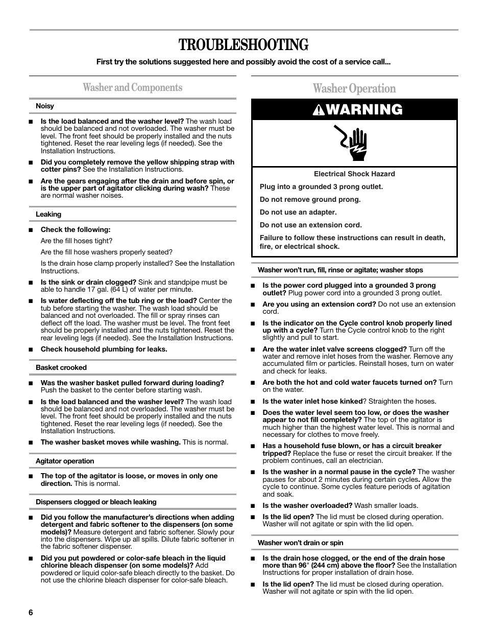Troubleshooting, Warning, Washer operation | Washer and components | Whirlpool Inglis IAS5000RQ0 User Manual | Page 6 / 8