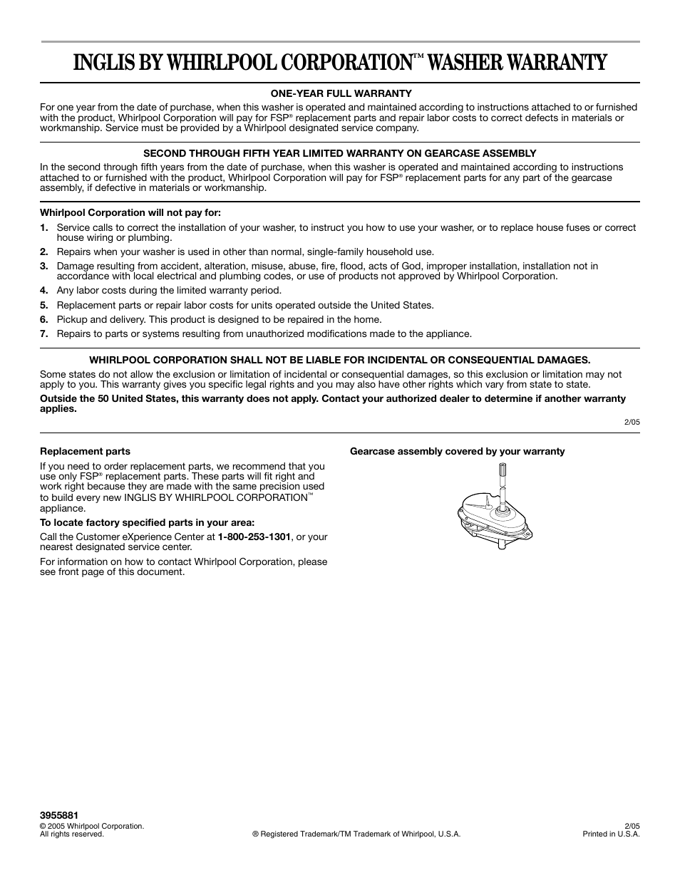 Inglis by whirlpool corporation, Washer warranty | Whirlpool Inglis IAS5000RQ0 User Manual | Page 8 / 8