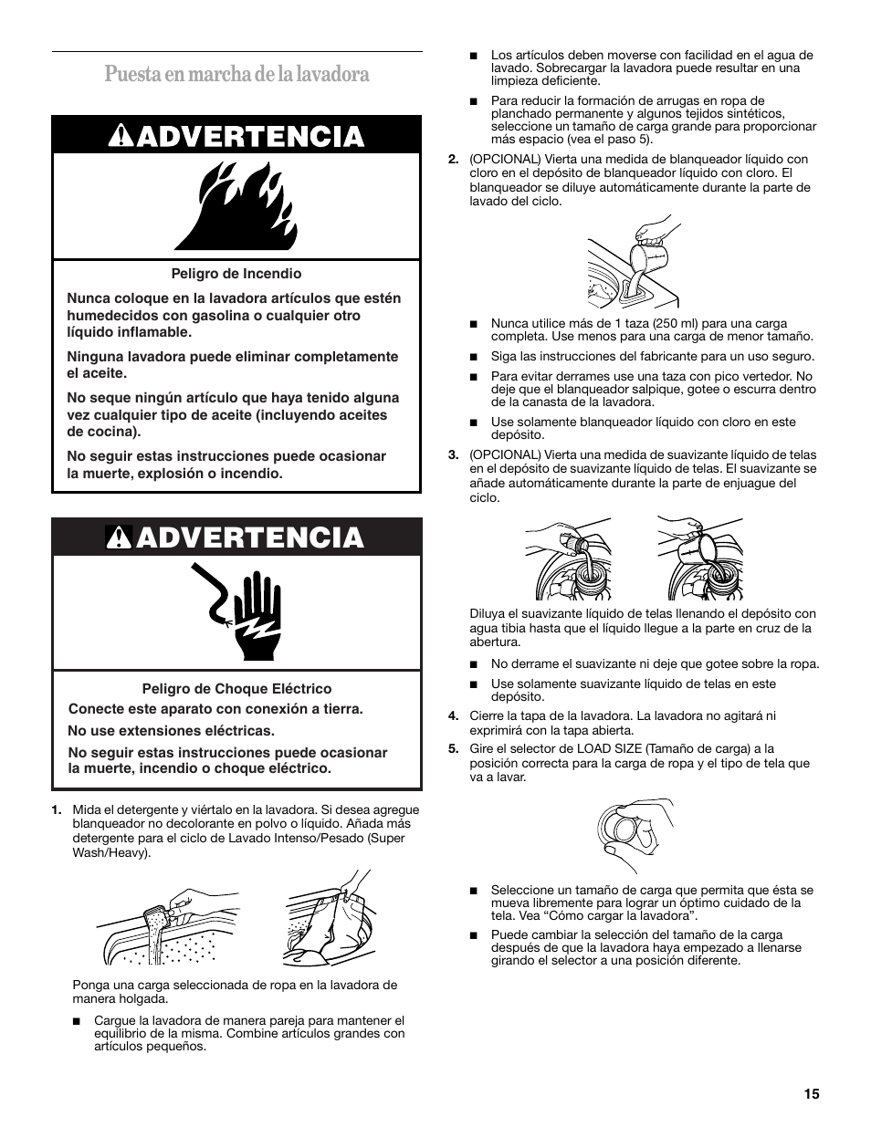 Advertencia, Puesta en marcha de la lavadora | Whirlpool 2DLSQ8000JQ3 User Manual | Page 15 / 20