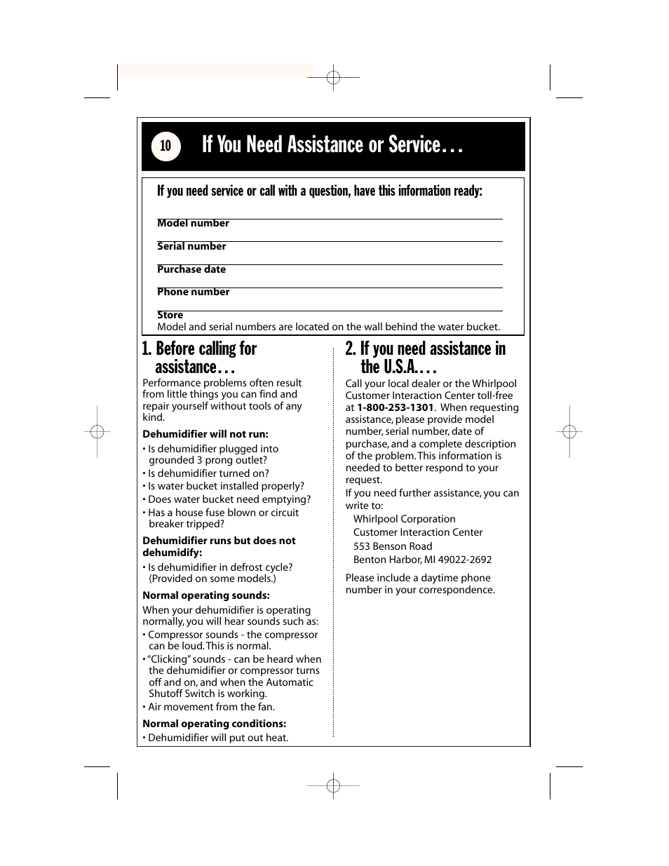 Before calling for assistance, If you need assistance in the u.s.a | Whirlpool AD65USM2 User Manual | Page 10 / 24