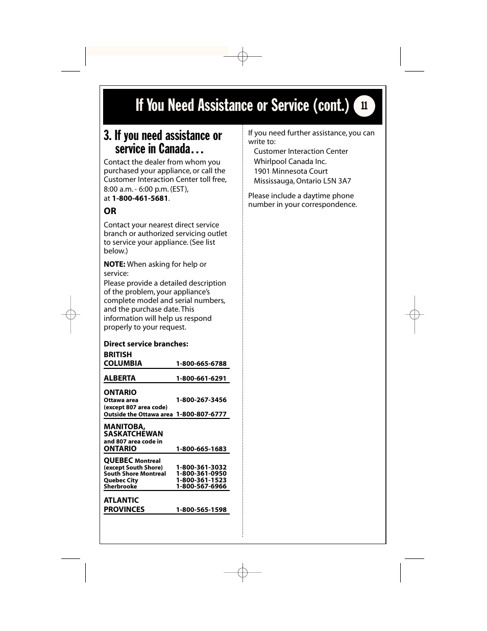 Dehumidifier safety, If you need assistance or service (cont.), If you need assistance or service in canada | Whirlpool AD65USM2 User Manual | Page 11 / 24