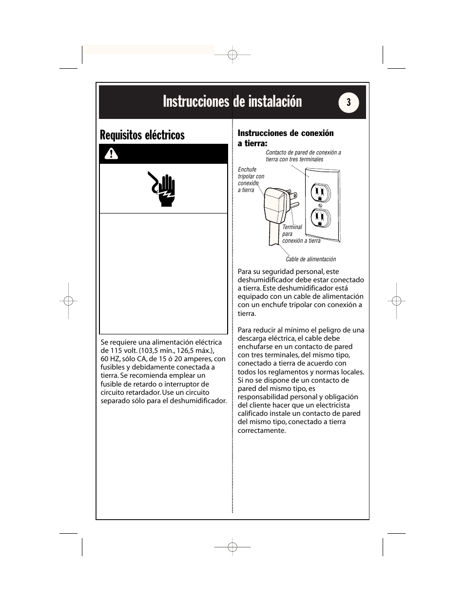 Instrucciones de instalación, Advertencia, Requisitos eléctricos | Whirlpool AD65USM2 User Manual | Page 15 / 24