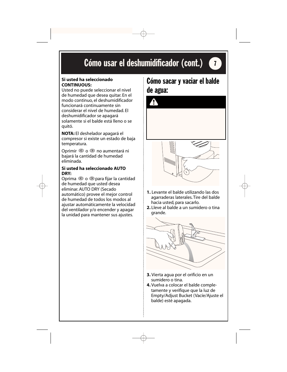 Cómo usar el deshumidificador (cont.), Advertencia, Cómo sacar y vaciar el balde de agua | Whirlpool AD65USM2 User Manual | Page 19 / 24