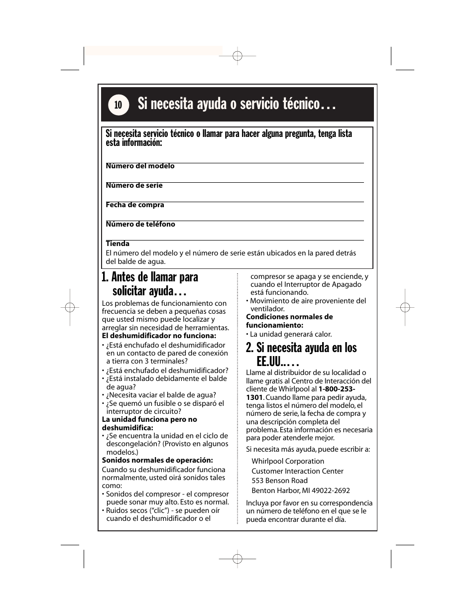 Si necesita ayuda o servicio técnico, Antes de llamar para solicitar ayuda, Si necesita ayuda en los ee.uu | Whirlpool AD65USM2 User Manual | Page 22 / 24