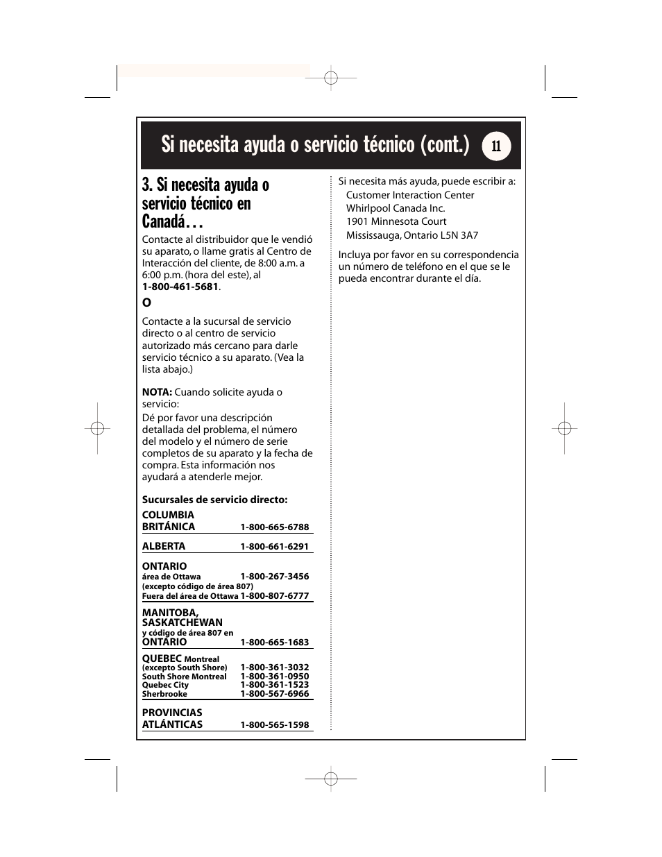 Si necesita ayuda o servicio técnico (cont.), Si necesita ayuda o servicio técnico en canadá | Whirlpool AD65USM2 User Manual | Page 23 / 24