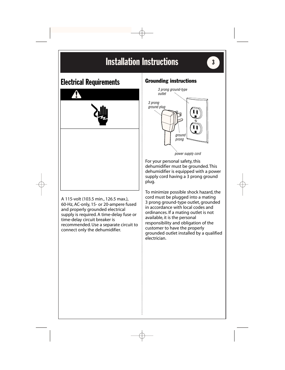 Installation instructions, Warning, Electrical requirements | Whirlpool AD65USM2 User Manual | Page 3 / 24