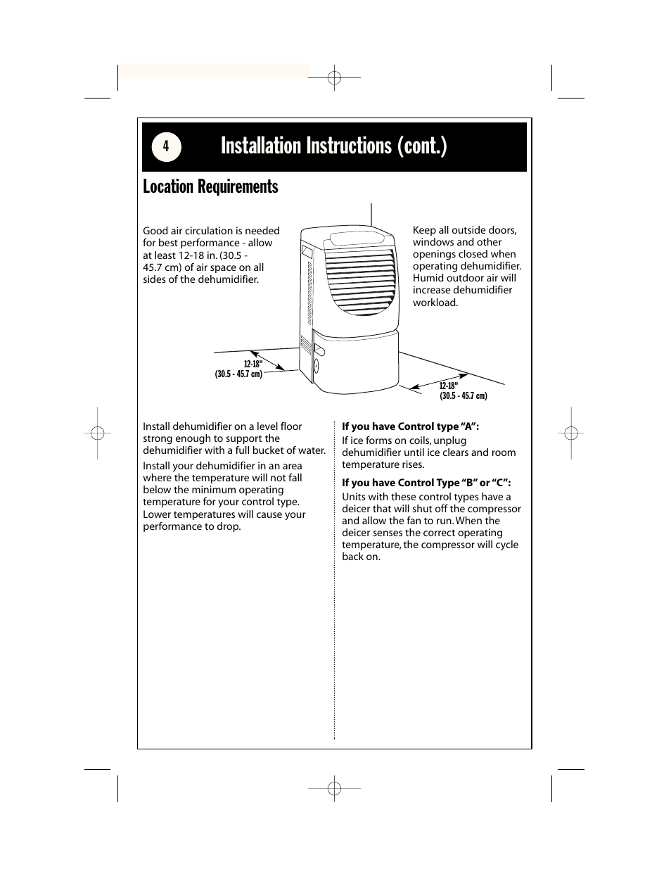 Dehumidifier safety, Installation instructions (cont.), Location requirements | Whirlpool AD65USM2 User Manual | Page 4 / 24