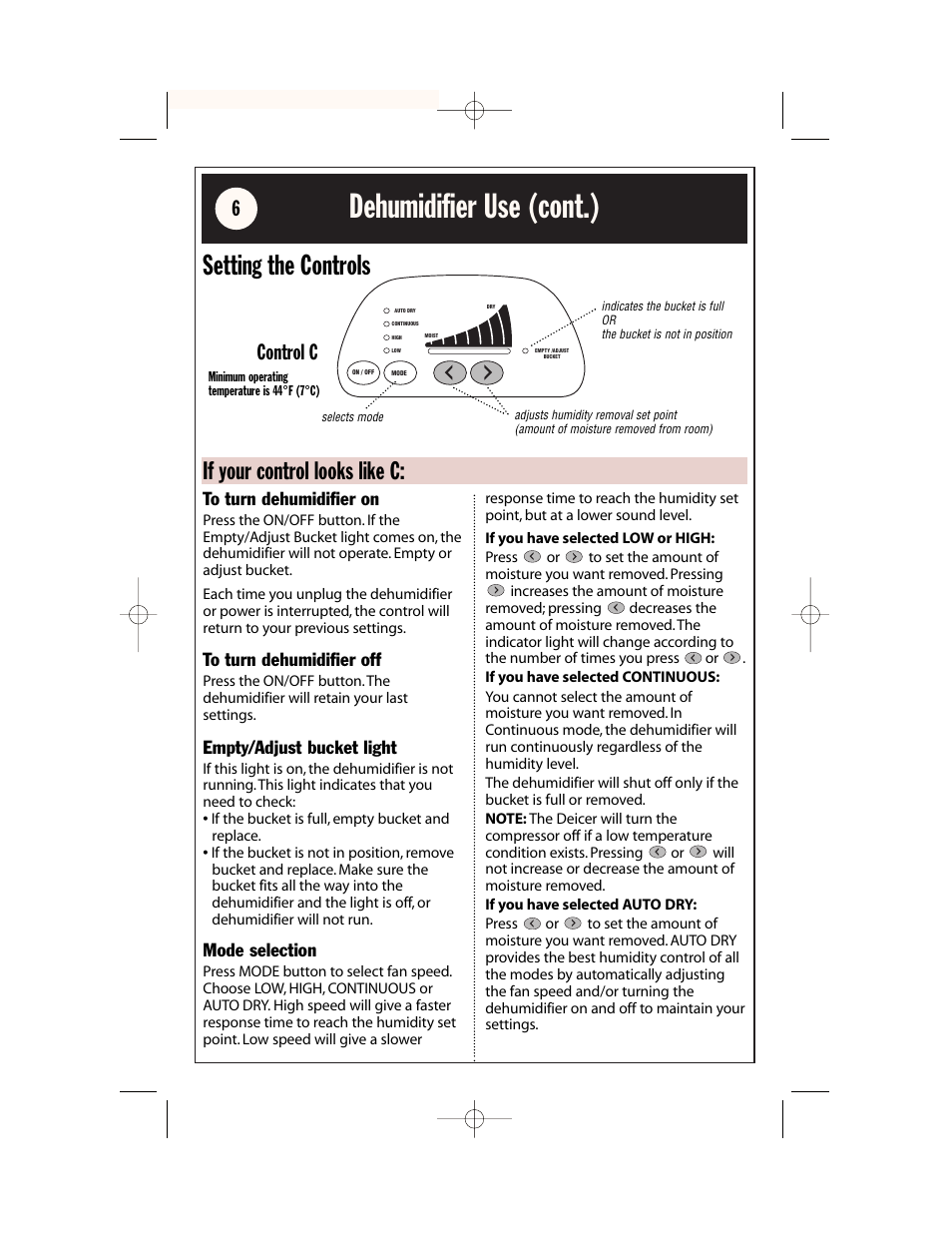 Dehumidifier use (cont.), Setting the controls, If your control looks like c | Control c, Empty/adjust bucket light, Mode selection | Whirlpool AD65USM2 User Manual | Page 6 / 24