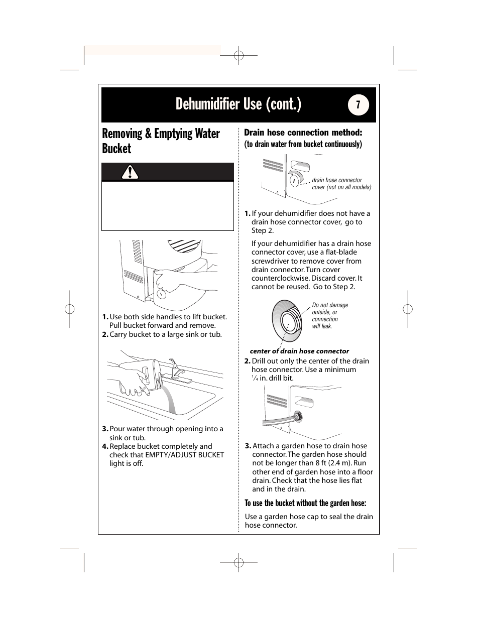 Dehumidifier safety dehumidifier use (cont.), Warning, Removing & emptying water bucket | Whirlpool AD65USM2 User Manual | Page 7 / 24