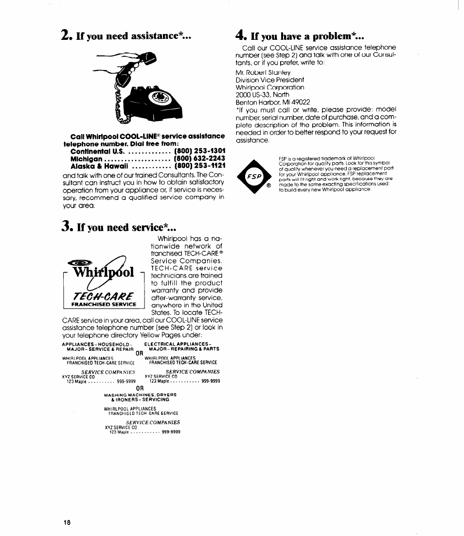 Z* if you need assistance, If you have a problem, If you need service | Wwrfp | Whirlpool ED25SMIII User Manual | Page 18 / 20