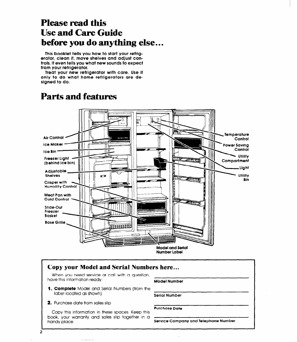 Please read this, Use and care guide, Before you do anything else | Parts and features, Copy your model and serial numbers here | Whirlpool ED25SMIII User Manual | Page 2 / 20