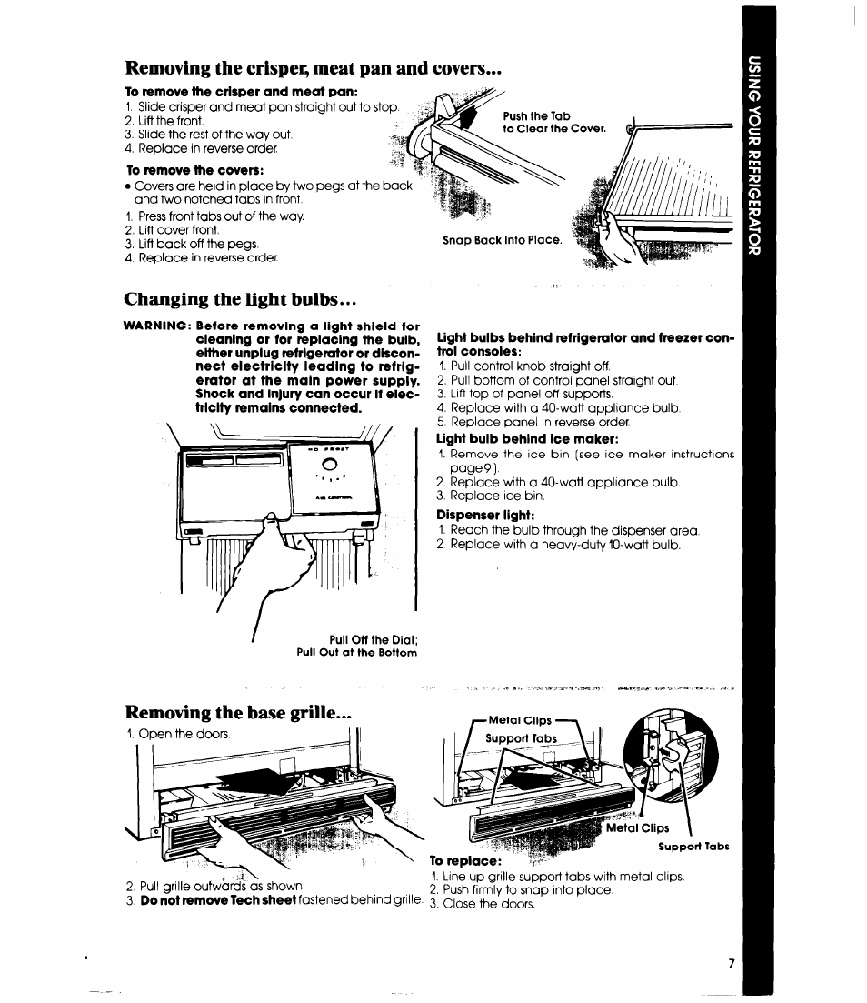 Removing the crispée, meat pan and covers, Changing the light hulbs, Removing the base grille | Whirlpool ED25SMIII User Manual | Page 7 / 20