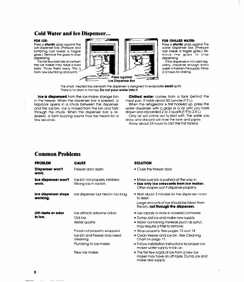 Cold water and ice dispenser, Common problems | Whirlpool ED25SMIII User Manual | Page 8 / 20