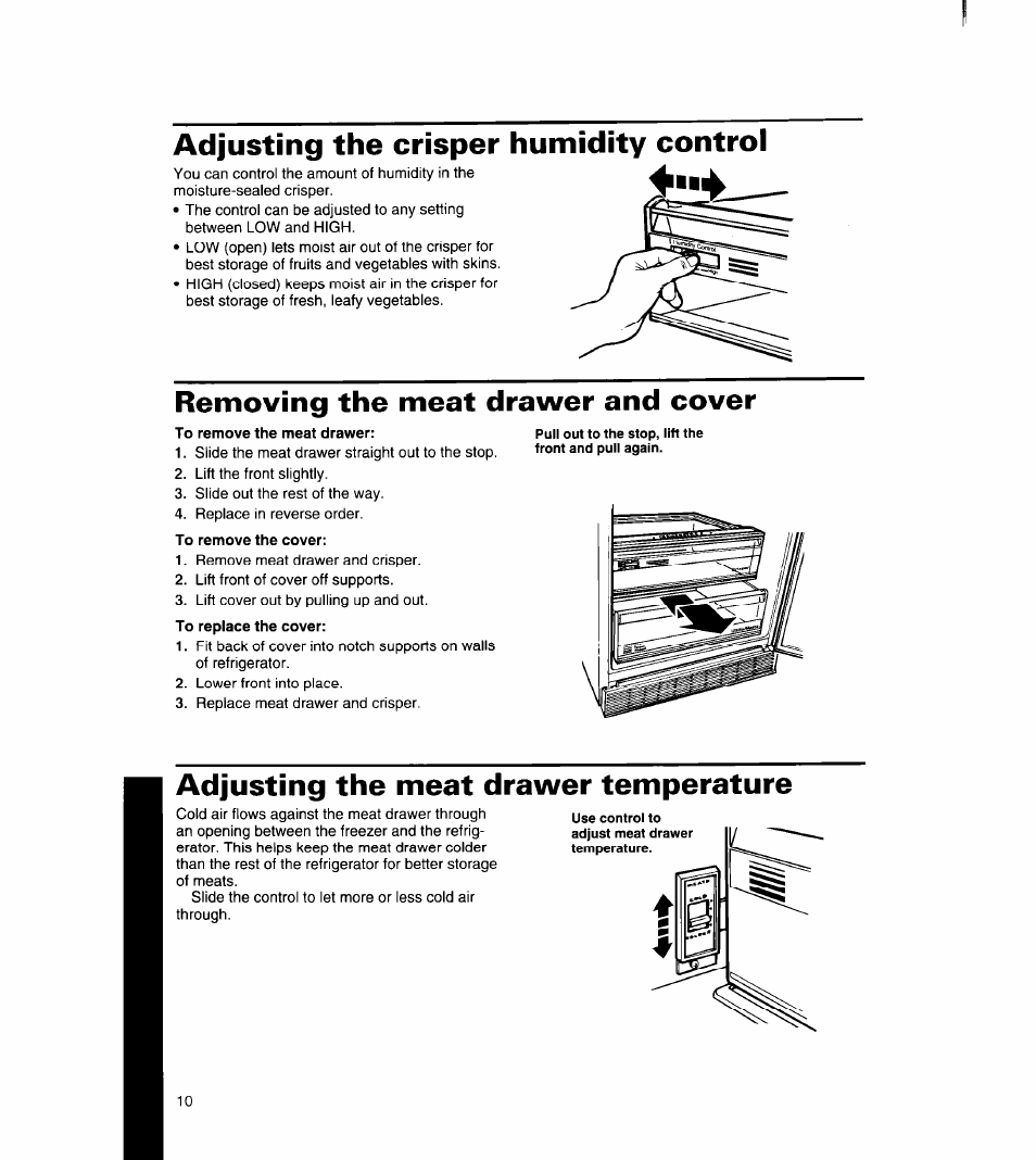 Adjusting the crisper humidity control, Removing the meat drawer and cover, Adjusting the meat drawer temperature | Whirlpool 8ED27DQ User Manual | Page 11 / 26