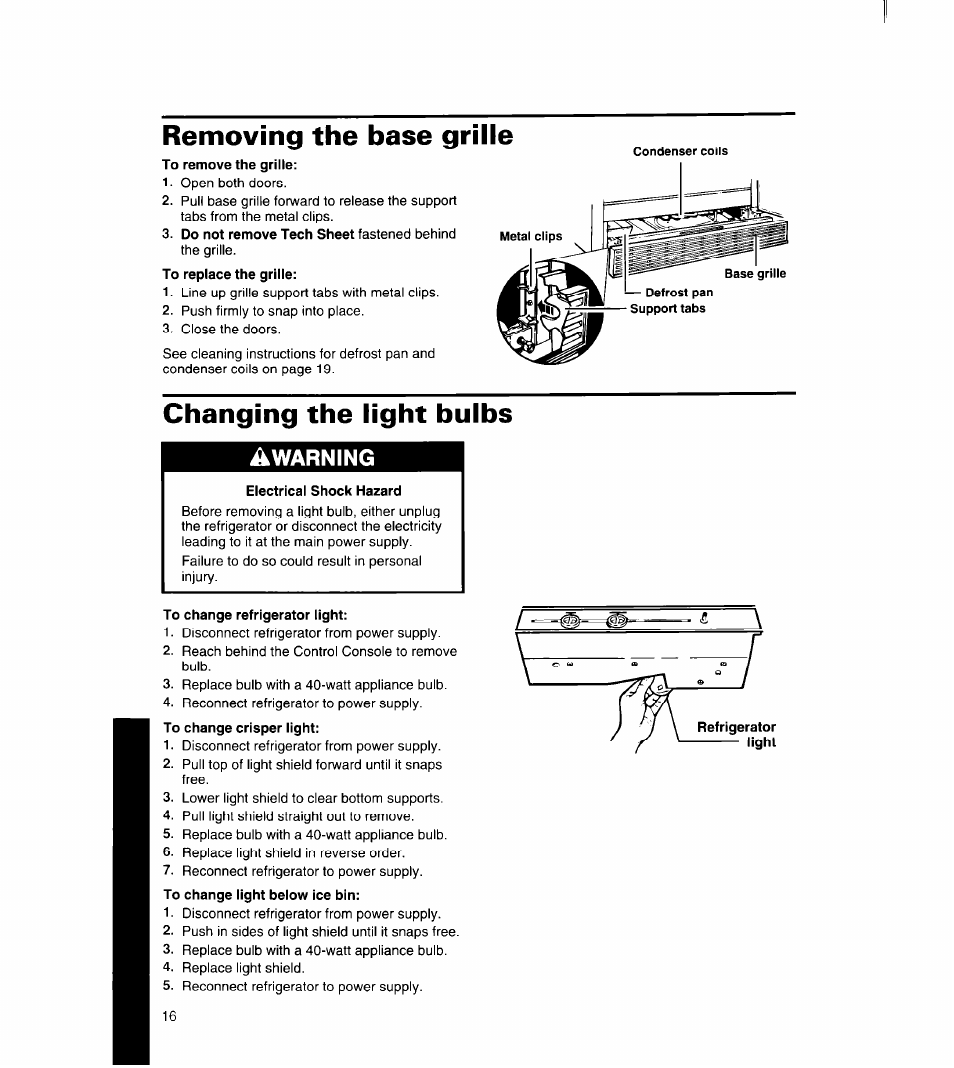 Removing the base grille, Changing the light bulbs, Warning | Whirlpool 8ED27DQ User Manual | Page 17 / 26