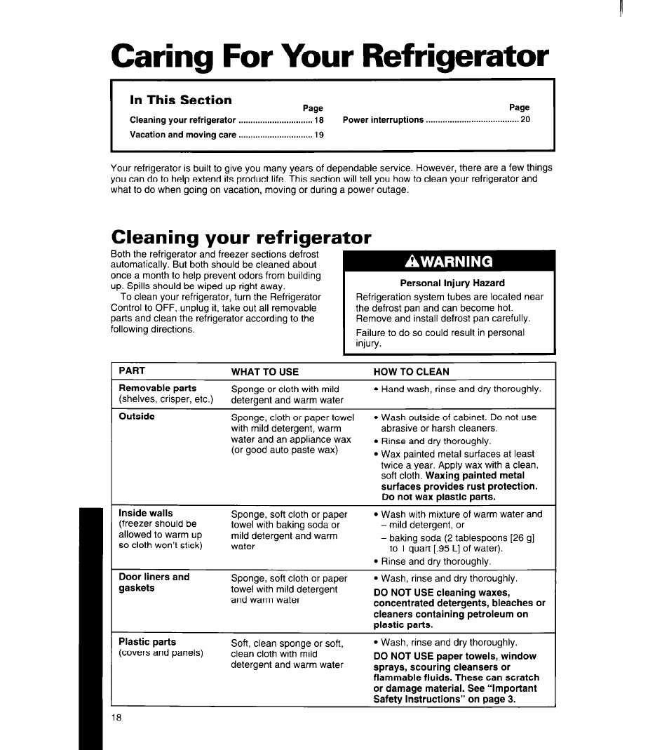 Caring for your refrigerator, Cleaning your refrigerator, Awarning | Whirlpool 8ED27DQ User Manual | Page 19 / 26