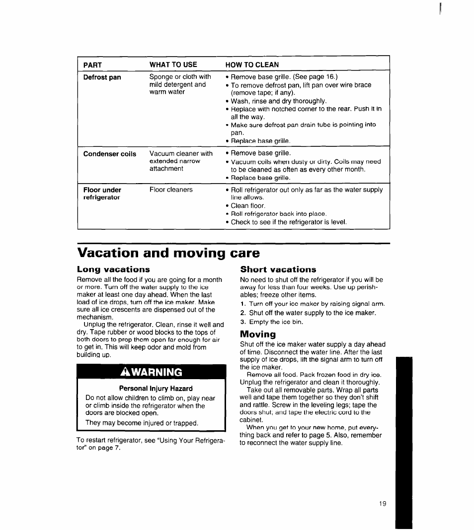 Vacation and moving care, Long vacations, Short vacations | Moving, Warning | Whirlpool 8ED27DQ User Manual | Page 20 / 26