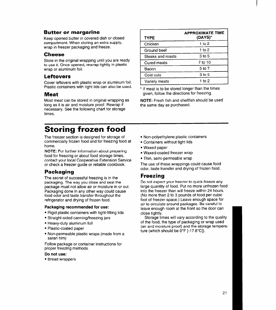 Butter or margarine, Cheese, Leftovers | Meat, Storing frozen food, Packaging, Freezing | Whirlpool 8ED27DQ User Manual | Page 22 / 26