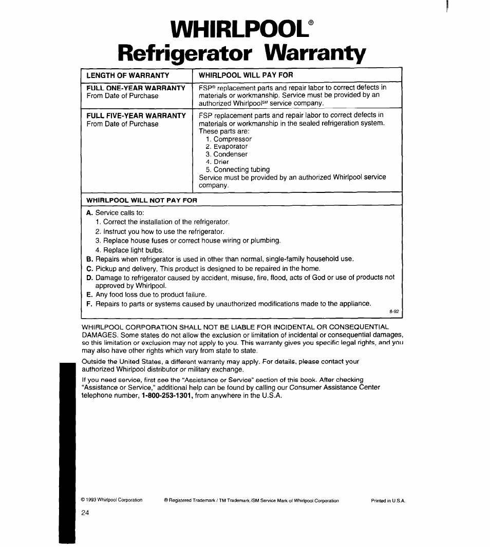 Whirlpool* refrigerator warranty | Whirlpool 8ED27DQ User Manual | Page 25 / 26