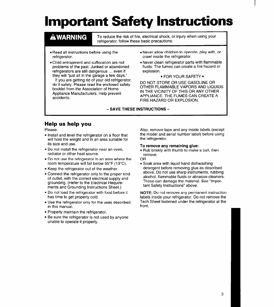 Important safety instructions, Help us help you, Awarning | Whirlpool 8ED27DQ User Manual | Page 4 / 26