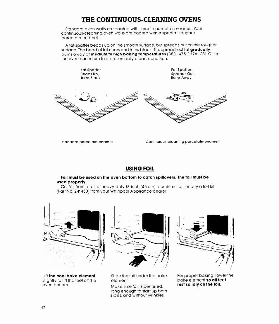 The continuous-cleaning ovens, Using foil | Whirlpool RB1300XK User Manual | Page 12 / 16
