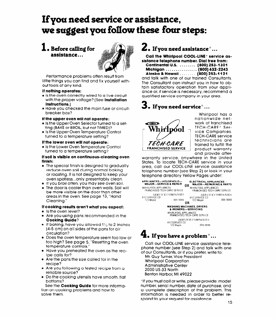 Before calling for assistance, A • if yott need assistance, 3* if yott need service | If you have a problem, If yott need service, Whirip^l | Whirlpool RB1300XK User Manual | Page 15 / 16