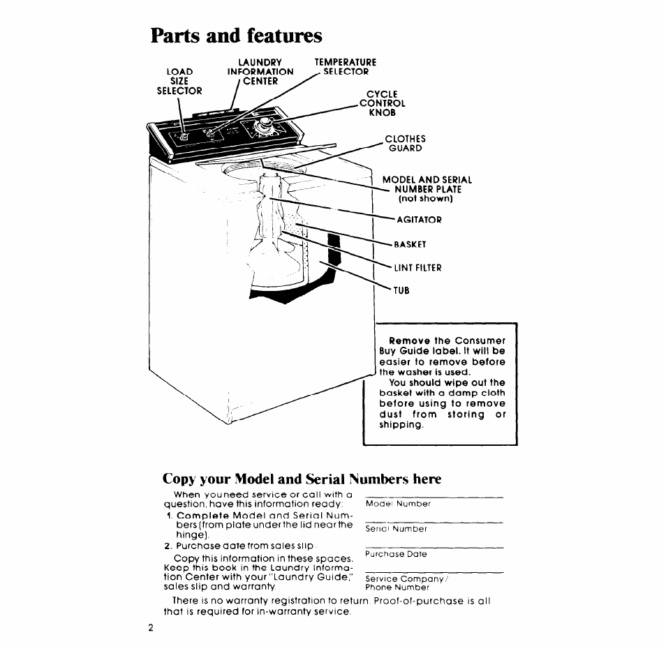 Copy your model and serial numbers here, Parts and features | Whirlpool LA53OOXP User Manual | Page 2 / 16