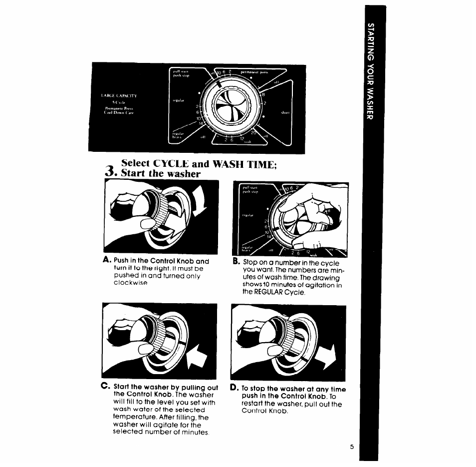 Select cycle and wash time; «5. start the washer | Whirlpool LA53OOXP User Manual | Page 5 / 16