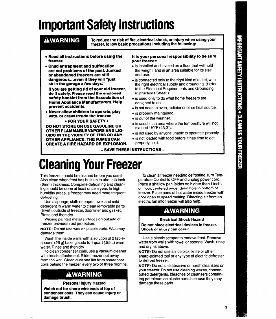 Important safety instructions, Read all instructions before using the freezer, For your safety | It is your personal responsibility to be sure, Save these instructions, Cleaning your freezer, Warning | Whirlpool EVlSOFXS User Manual | Page 3 / 8