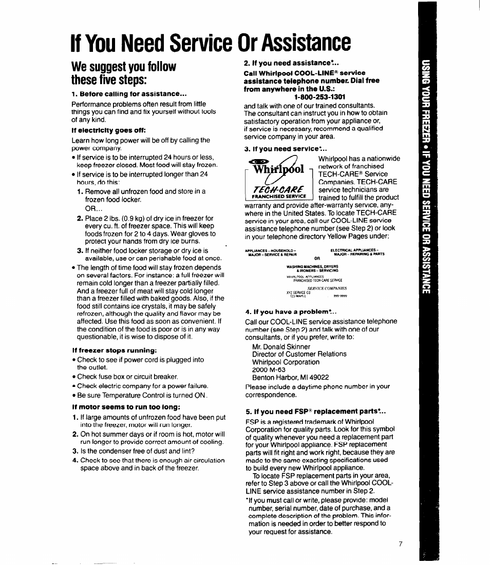 If you need service or assistance, We suggest you follow these five steps, Rfc^-ca/if | Whirlpool EVlSOFXS User Manual | Page 7 / 8