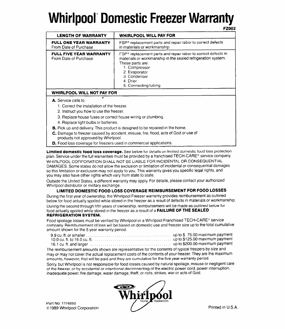 Whirlpool domestic freezer warranty, Whirl | Whirlpool EVlSOFXS User Manual | Page 8 / 8
