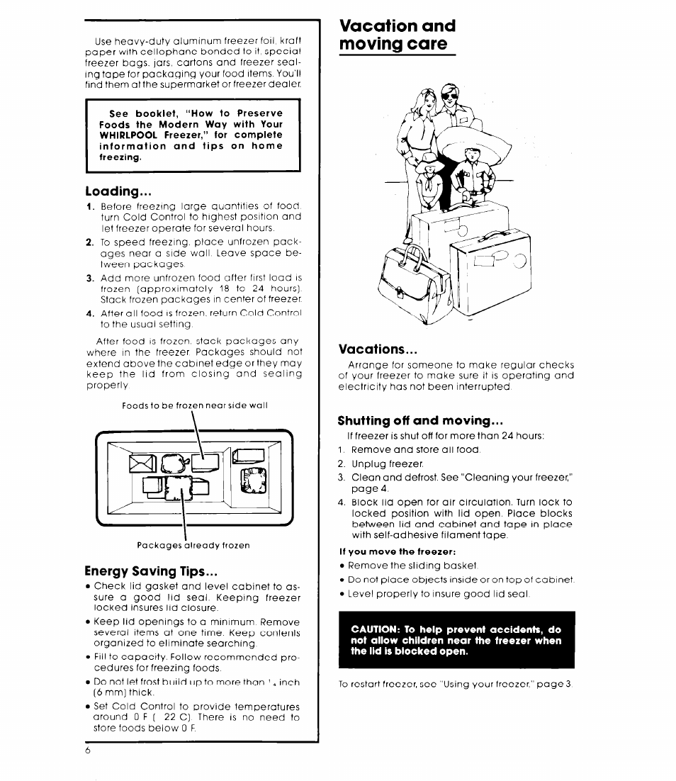 Loading, Energy saving tips, Vacation and moving care | Vacations, Shutting off and moving | Whirlpool EH15OCXK User Manual | Page 6 / 8