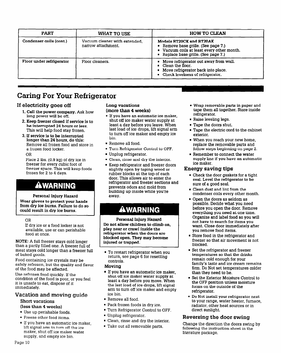 Caring for your refrigerator, Awarning, Warning | Whirlpool RT16DK User Manual | Page 10 / 12
