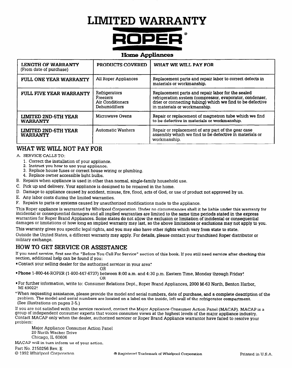 Home appliances, Limited warranty | Whirlpool RT16DK User Manual | Page 12 / 12