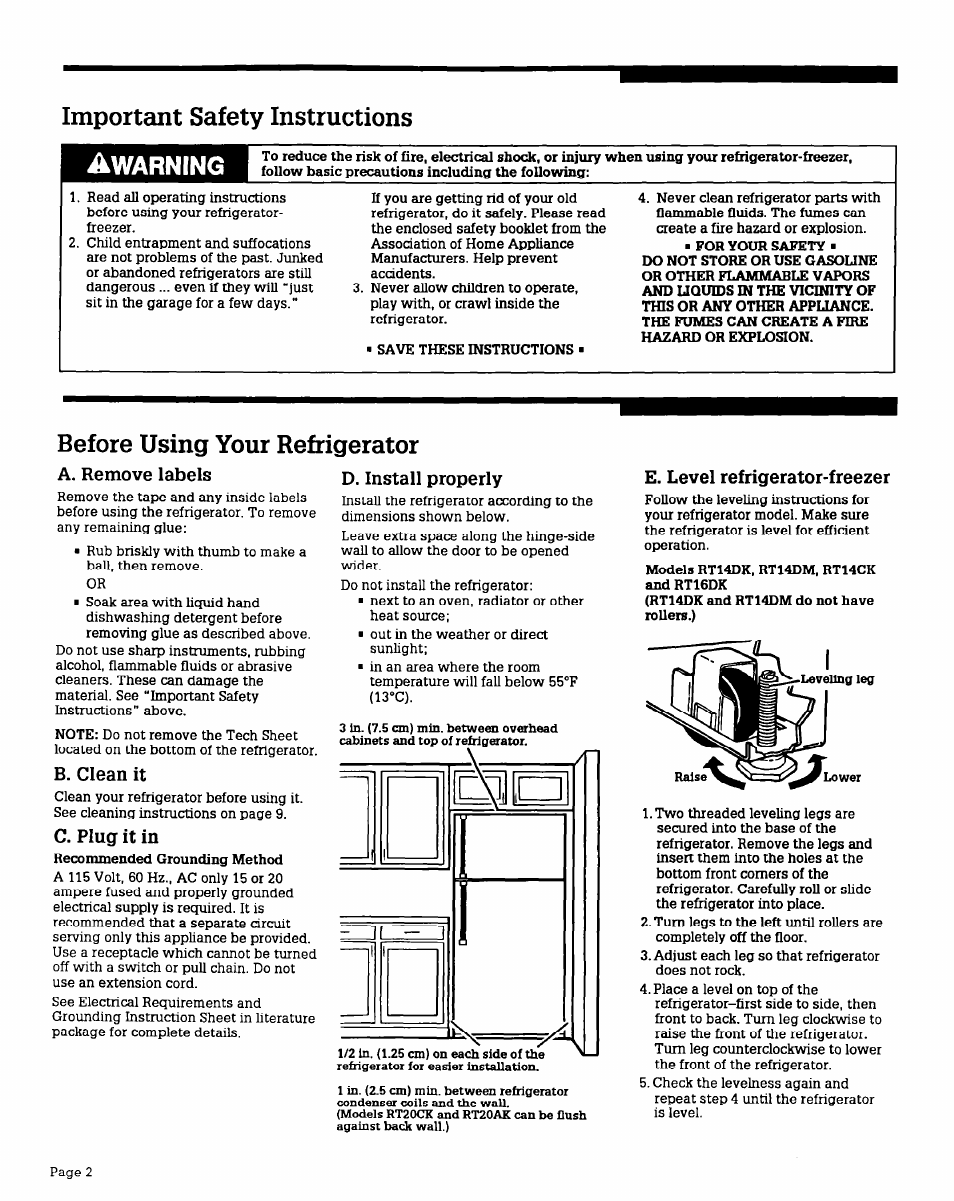 Important safety instructions a, Before using your refrigerator, Warning | A. remove labels, B. clean it, C. plug it in, D. install properly, E. level refrigerator-freezer | Whirlpool RT16DK User Manual | Page 2 / 12