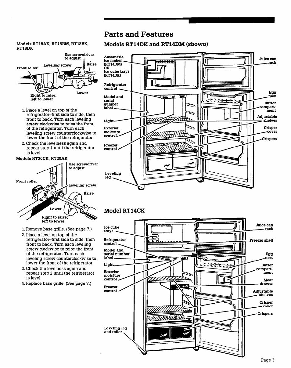 Parts and features, Models rt14dk and rt14dm (shown), Model rt14ck | Whirlpool RT16DK User Manual | Page 3 / 12