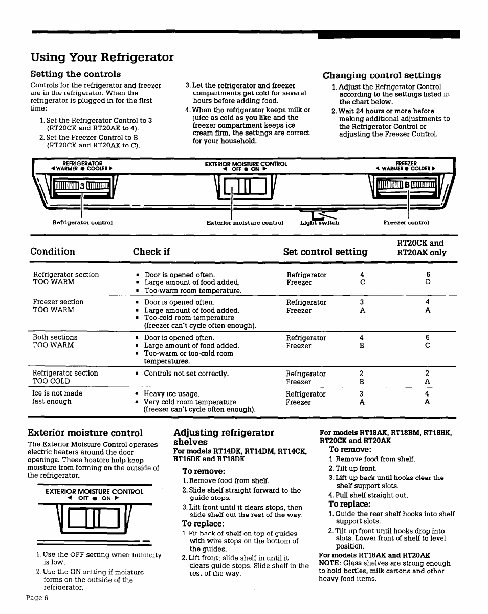 To remove, Using your refrigerator, Setting the controls | Changing control settings, Condition check if set control setting, Exterior moisture control, Adjusting refrigerator shelves | Whirlpool RT16DK User Manual | Page 6 / 12