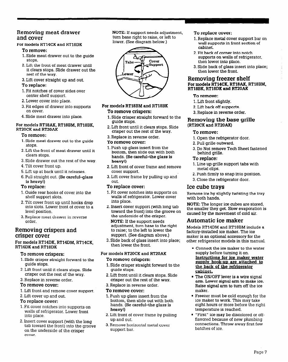 Removing meat drawer and cover, Removing crispers and crisper cover, Removing freezer shelf | Removing the base grille, Ice cube trays, Automatic ice maker | Whirlpool RT16DK User Manual | Page 7 / 12