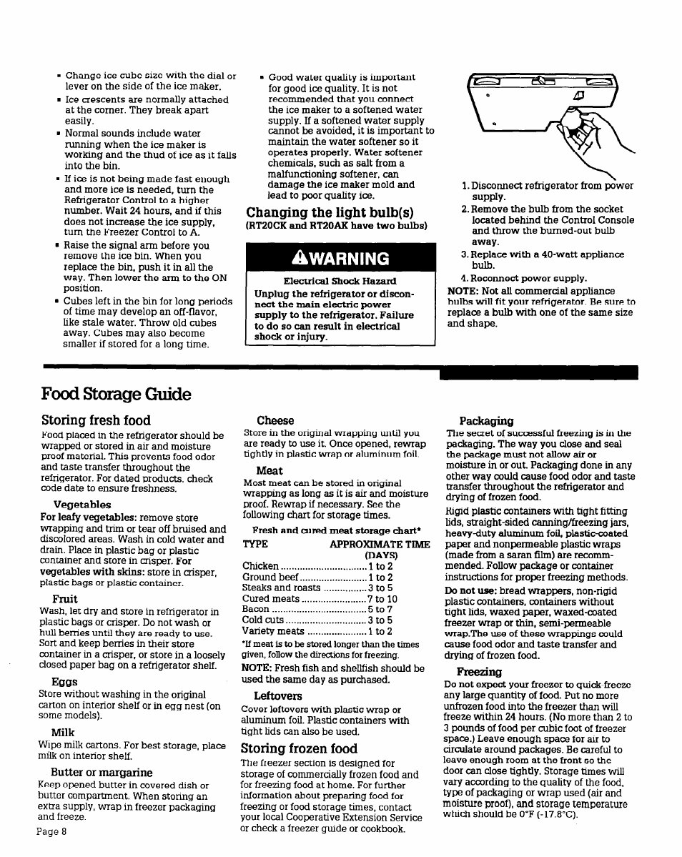 Fruit, Milk, Cheese | Meat, Packaging, Food storage guide, Awarning, Changing the light bulb(s), Storing fresh food, Storing frozen food | Whirlpool RT16DK User Manual | Page 8 / 12