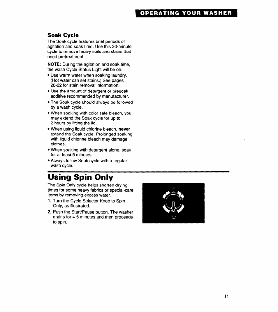 Soak cycle, Using spin only | Whirlpool CCW5264EW0 User Manual | Page 11 / 26